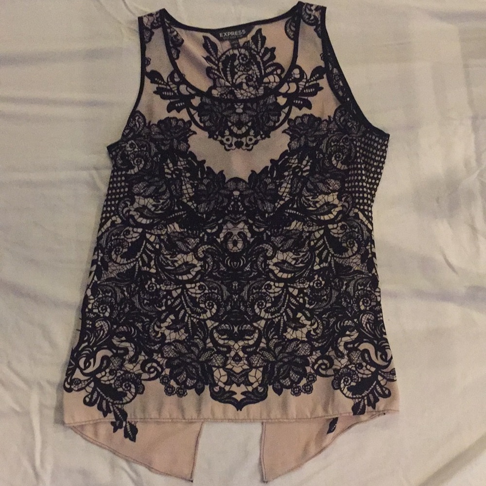 Tan/black floral design blouse